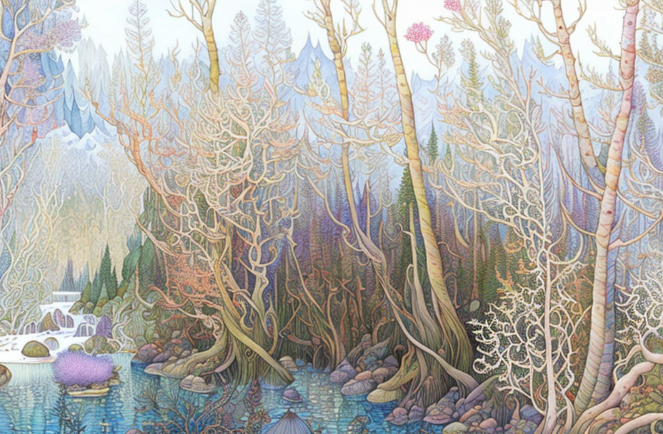 Detailed fantasy forest scene with vibrant trees and serene pond