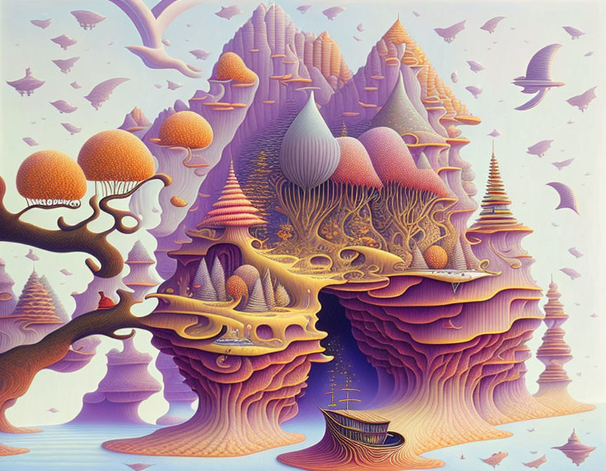 Colorful surreal landscape with floating islands and intricate trees