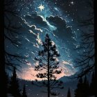 Surreal nightscape with towering tree, moon, figures, and swirling sky patterns