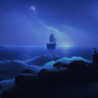 Fantastical seascape with crescent moon and sailboats