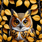 Surreal stylized owl with swirling patterns and golden leaves on dark background