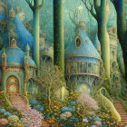 Whimsical landscape with stylized trees and houses under surreal sky