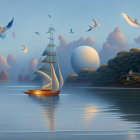 Maritime sunrise with sailing ships, birds, and soft sunlight