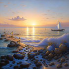 Surreal painting of tranquil sea with floating temples and sailboats at sunset