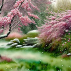 Tranquil lake scene with cherry blossoms, bridge, couple, and dog