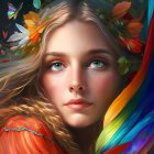 Digital portrait of girl with flowers and butterflies on rainbow backdrop