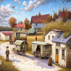 Whimsical painting of couple in vintage attire near fantastical houses on rolling hills