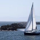 Sailboat on calm sea with fish, surreal landscapes, and birds