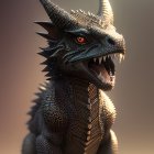 Detailed digital illustration: Snarling dragon with sharp horns and textured scales in dramatic lighting