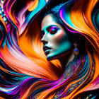 Colorful surreal artwork: stylized female profile with swirling cosmic patterns in blue and orange.