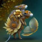 Illustration of mouse in golden armor on ornate sphere with bat.