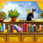 Colorful Bookshelf Artwork with Window, Flowers, and Sky