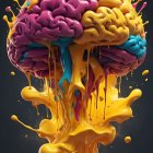 Colorful Stylized Brain Painting with Floral Elements on Dark Background