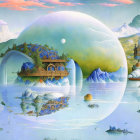 Vibrant surreal landscape with floating islands and reflective sphere