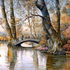 Tranquil autumn forest with river, bridge, and colorful foliage