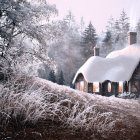 Snow-covered trees and quaint cottages in a winter village scene