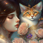 Anthropomorphic cats with jewelry and flowers in whimsical art style