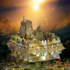 Fantastical castle complex with pointed towers and arches in twilight scenery