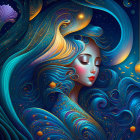 Mystical illustration of serene faces with blue feathered hair and starry background