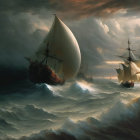 Galleons sailing on tumultuous seas under a foreboding sky