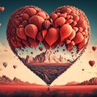 Surreal heart-shaped tree above fantasy landscape with colorful mushrooms