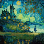 Person and dog by ship-shaped house in mystical blue field with yellow flowers under starry sky