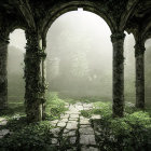 Mystical forest scene with twisted trees, arches, castle, doorways, and greenery