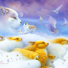 Snow-covered cliffs, golden waterfalls, floating islands, large moon - surreal landscape with pastel sky