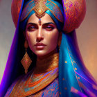 Colorful portrait of a woman with celestial motifs and gold accents