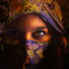 Vibrant blue eye behind golden veil with autumn flora