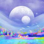 Dreamlike Landscape with Pastel Hills and Ethereal Moon