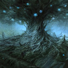 Mystical landscape with swirling tree, ethereal mountains, ships, and whimsical creatures