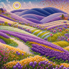 Fantastical landscape with purple hills, whimsical trees, colorful flora, moon, and distant cast