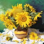 Colorful sunflower bouquet in glass vase with bird and butterflies on fantastical backdrop