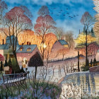 Snow-covered houses, river reflections, classic cars, and birds in vibrant winter illustration