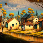 Tranquil fantasy landscape with sunlight on traditional village