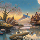 Tranquil winter village with glowing lights and snowfall