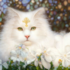 Curly blonde child with blue eyes among butterflies in white attire on floral background