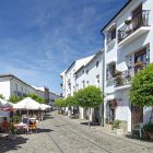 Charming Cobblestone Street with Outdoor Café and Greenery