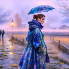 Victorian-style figures with umbrella in serene sunset landscape