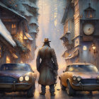 Person in trench coat and hat between classic cars on vintage snowy city street