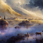 Fantasy landscape with red castle, hills, lake, boats, red foliage, under starry sky