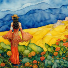 Surreal painting of two women in yellow gowns among flowers on blue landscape