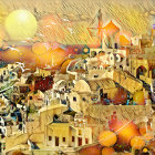 Vibrant Village Landscape with Geometric Buildings