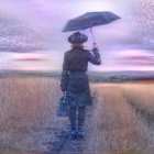 Woman with umbrella on foggy path with trees and streetlamps