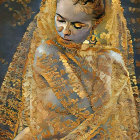 Woman in ornate golden cloak with blue gems