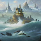 Fantasy landscape with castles, floating islands, ships, and yellow moon