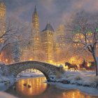 Golden city with ornate towers and snowy mountains under twilight sky