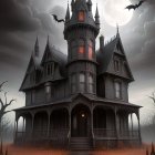 Gothic-style haunted house with bats, full moon, bare trees under cloudy night sky