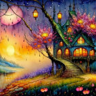 Colorful Fantasy Treehouse Scene with River and Glowing Orbs